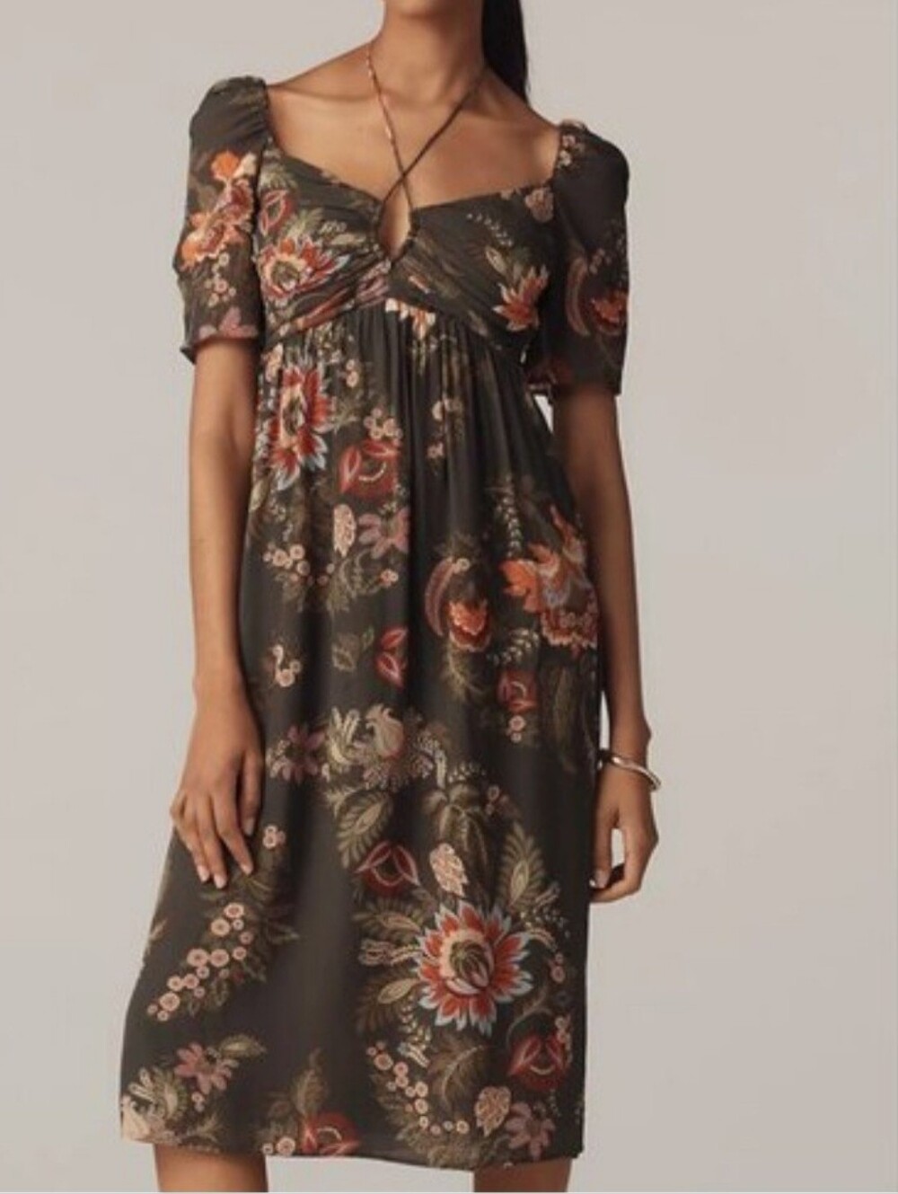 Farm Floral Puff-Sleeve Midi Dress in Dark Green